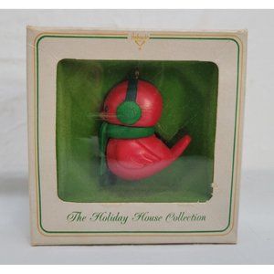 Vintage 1980 Ambassador RED BIRD with Green Earmuffs and Scarf Ornament QX4H